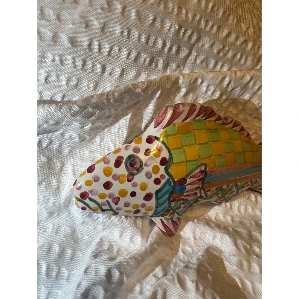 MacKenzie-Childs‎ Ceramic Fish Knob 5in Colorful Checker Pink Pull Handle
